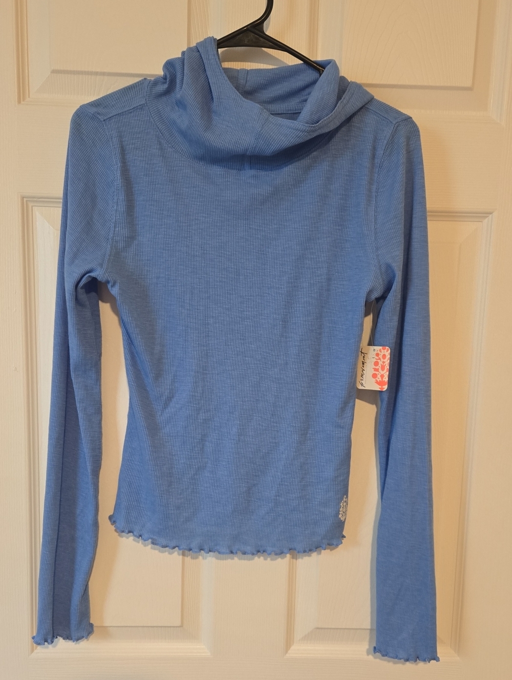 Free People Light Blue Long Sleeve Ribbed Cowl Neck Top